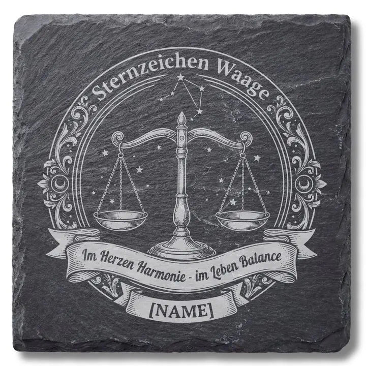 Schiefer Moment Untersetzer mit Sternzeichen Waage Gravur im Vintage-Stil auf weissem Hintergrund