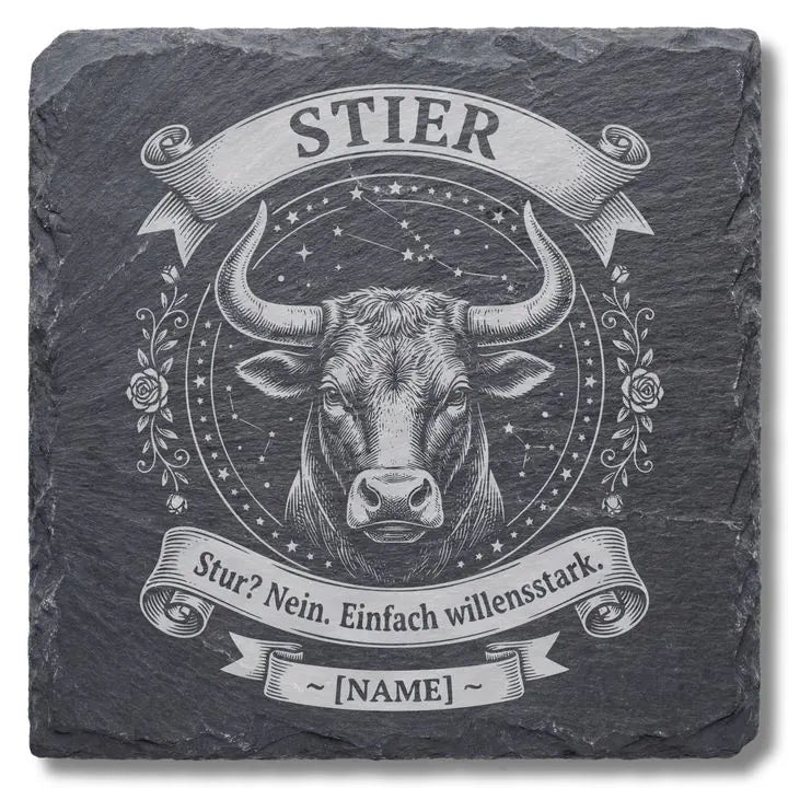 Schiefer Moment Untersetzer mit Stier-Sternzeichen Gravur im Vintage-Stil auf weissem Hintergrund
