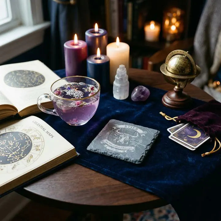 Gravierter Schieferuntersetzer mit Stier-Motiv auf Samttuch in mystischer Szene mit Kerzen und Tarotkarten