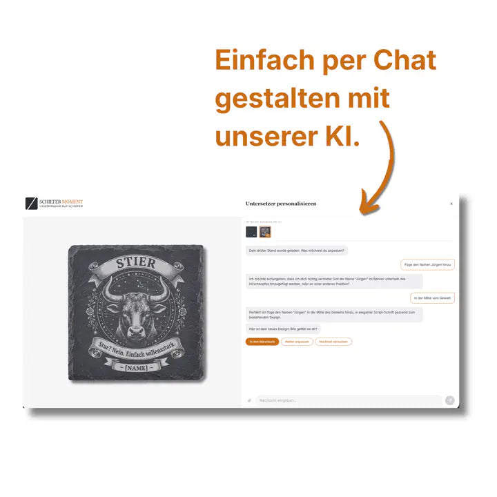 Schiefer Moment KI-Chat zur Personalisierung des Sternzeichen-Untersetzer mit Wunschname