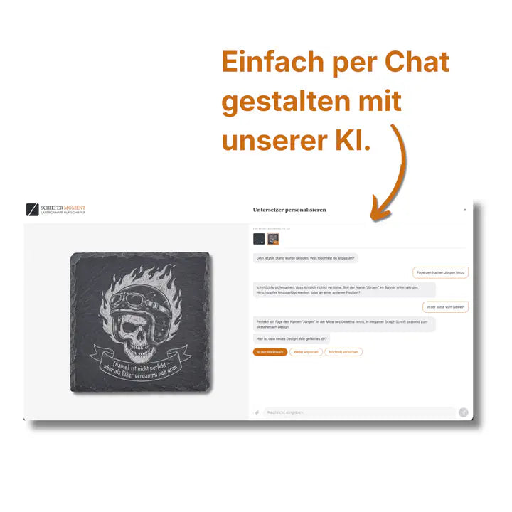 Schiefer Moment Untersetzer per KI-Chat individuell mit Biker-Motiv personalisieren