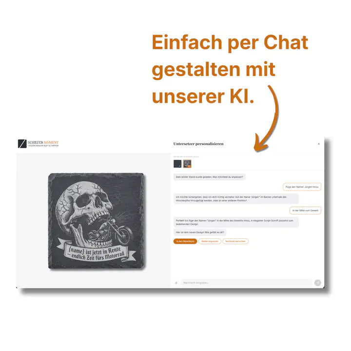 Schiefer Moment Untersetzer per KI-Chat personalisieren mit individuellem Motorrad-Design