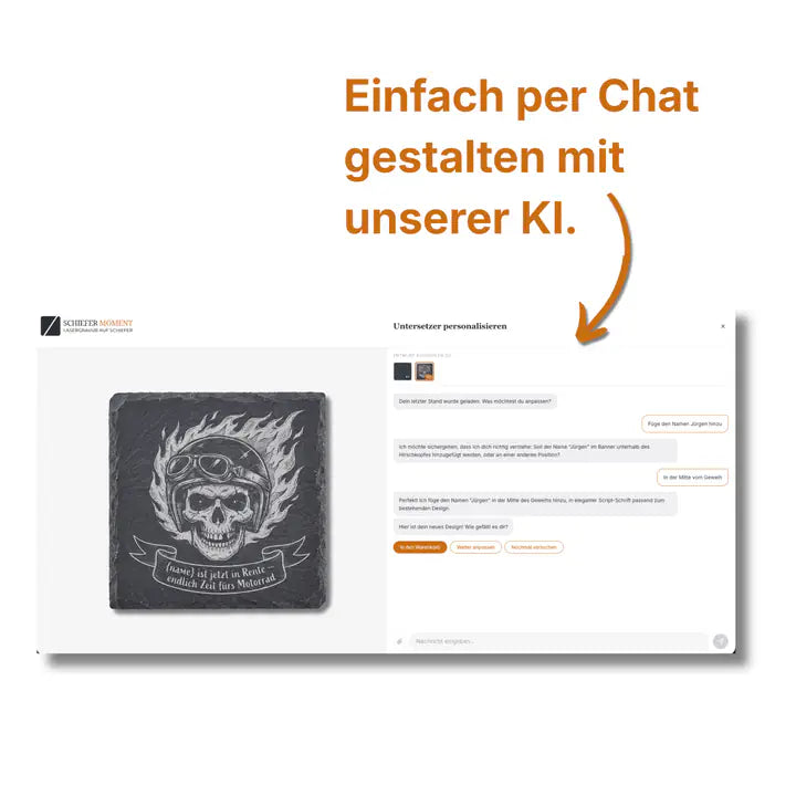 Schiefer Moment Untersetzer per KI-Chat personalisieren mit Motorrad-Totenkopf-Design