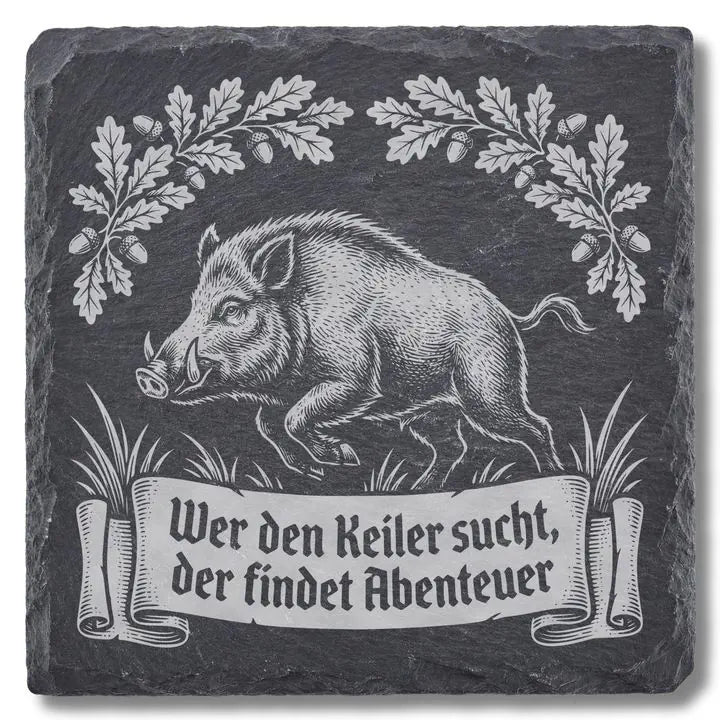 Schwarzer Schiefer Moment Untersetzer mit Gravur in der Draufsicht