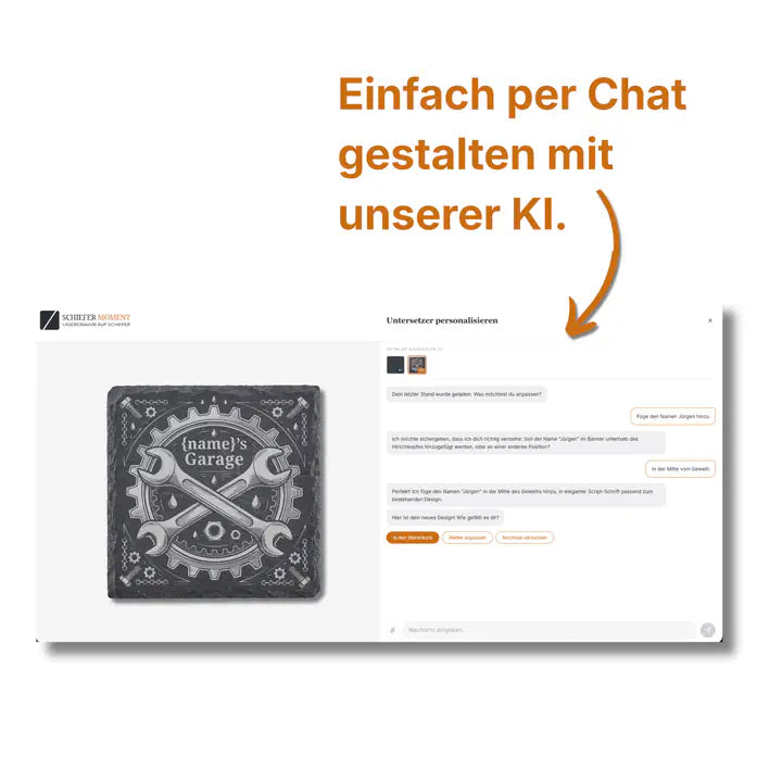 Schiefer Moment Untersetzer per KI-Chat personalisieren mit individuellem Motorrad-Zahnrad-Design