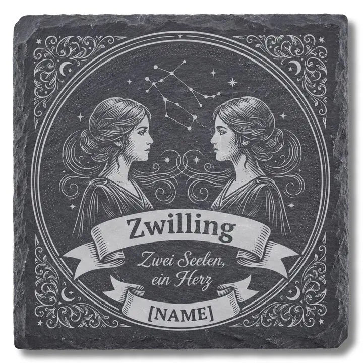 Schiefer Moment Untersetzer mit Zwilling-Sternzeichen Gravur und Ornamentrahmen auf weissem Hintergrund