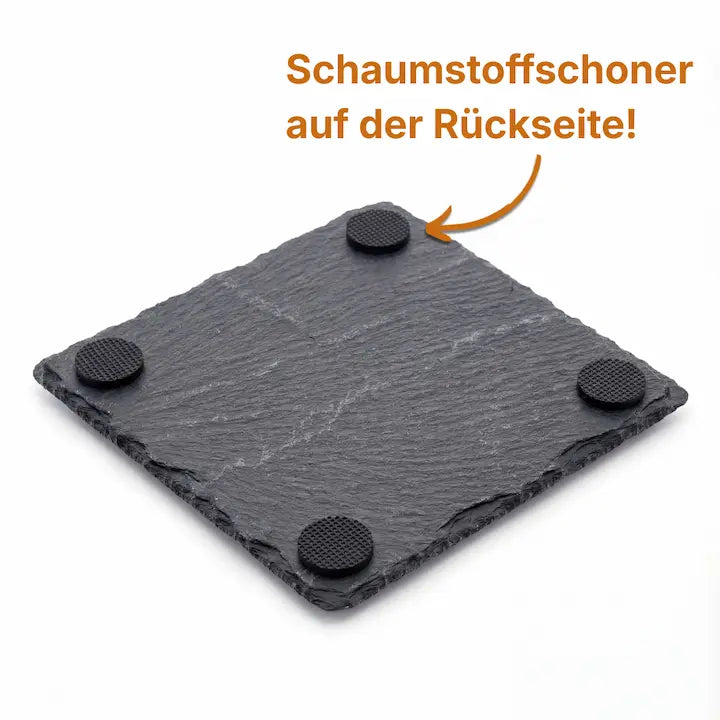Rückseite eines Schieferuntersetzers mit Filzschonern