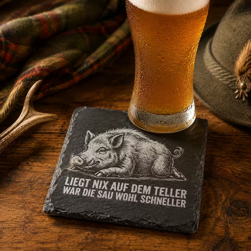 Schieferuntersetzer Wildschwein Spruch "Sau wohl schneller"